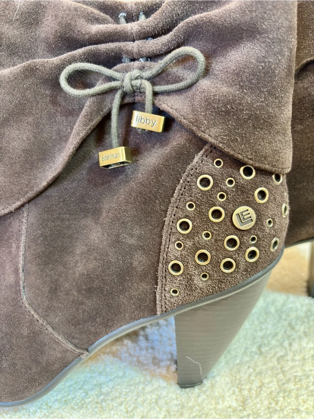 libby. edelman Dark Brown Suede Fold-Over Ankle Booties with Grommet Detail - Picture 4 of 8
